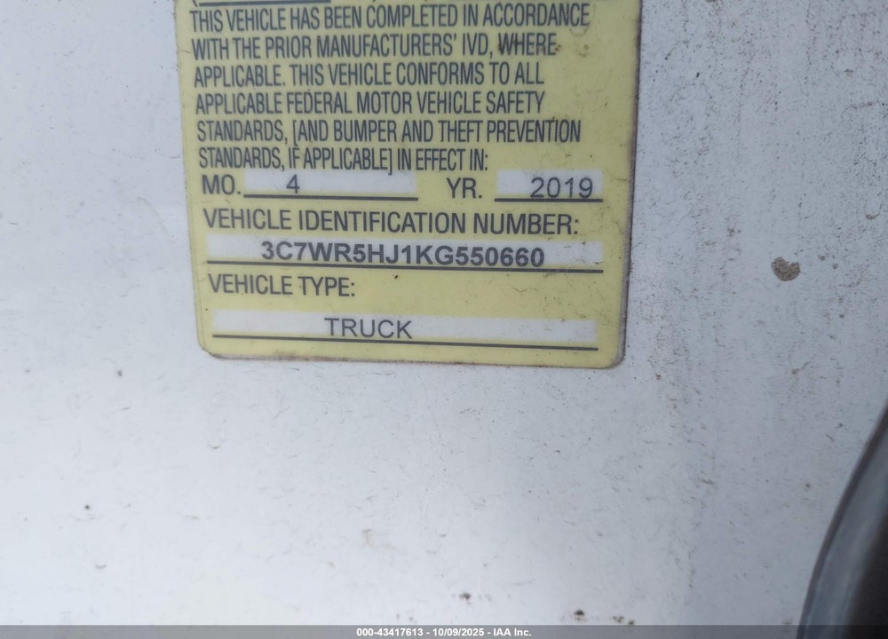 2019 RAM 2500 VIN: 3C7WR5HJ1KG550660
