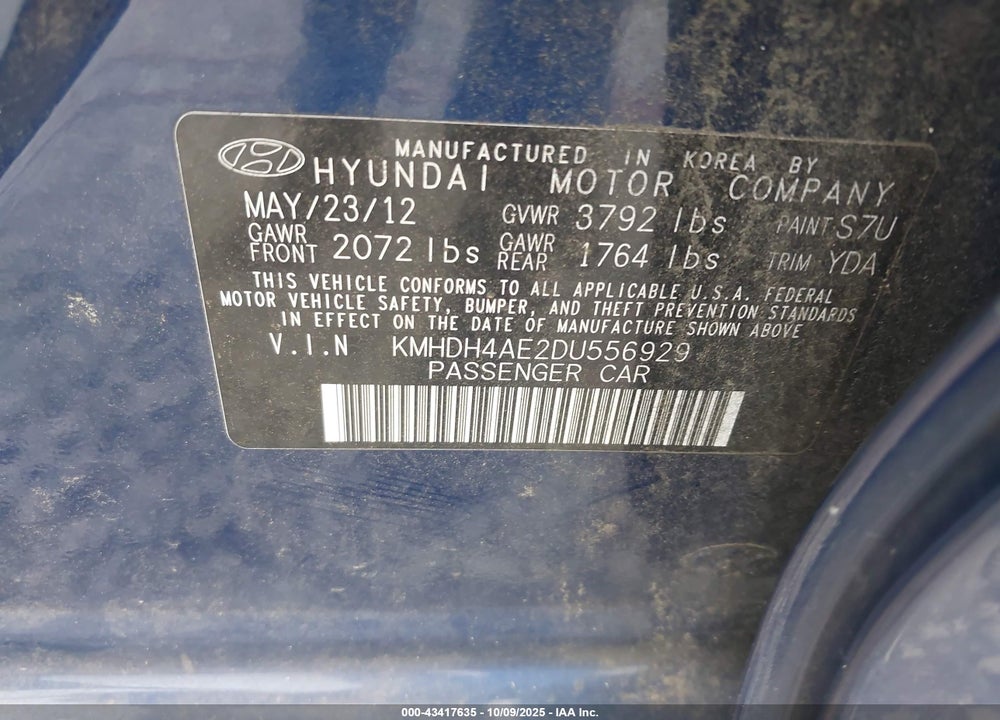 2013 HYUNDAI ELANTRA VIN: KMHDH4AE2DU556929