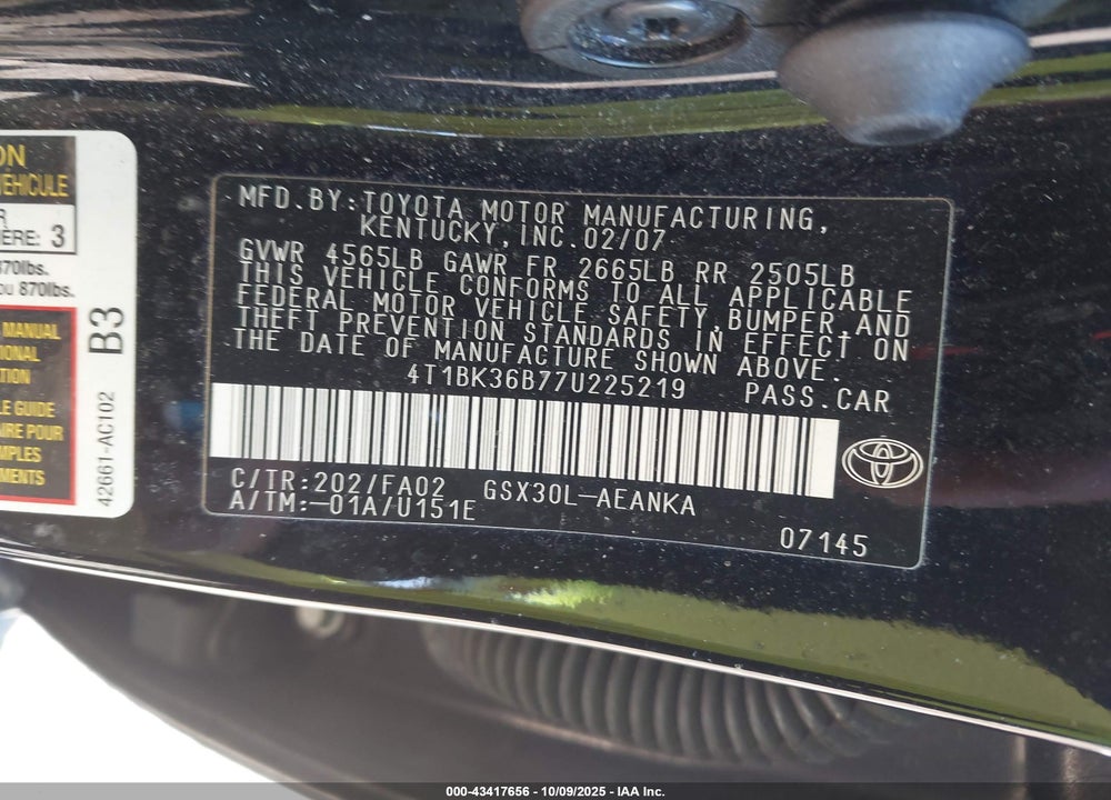 2007 TOYOTA AVALON XL VIN: 4T1BK36B77U225219