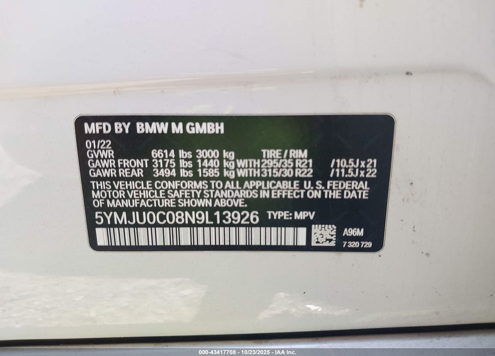 2022 BMW X5 VIN: 5YMJU0C08N9L13926