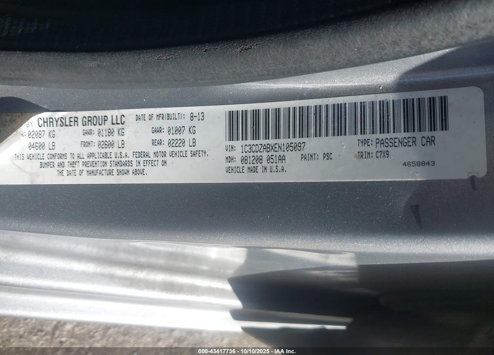 2014 DODGE AVENGER VIN: 1C3CDZABXEN105097