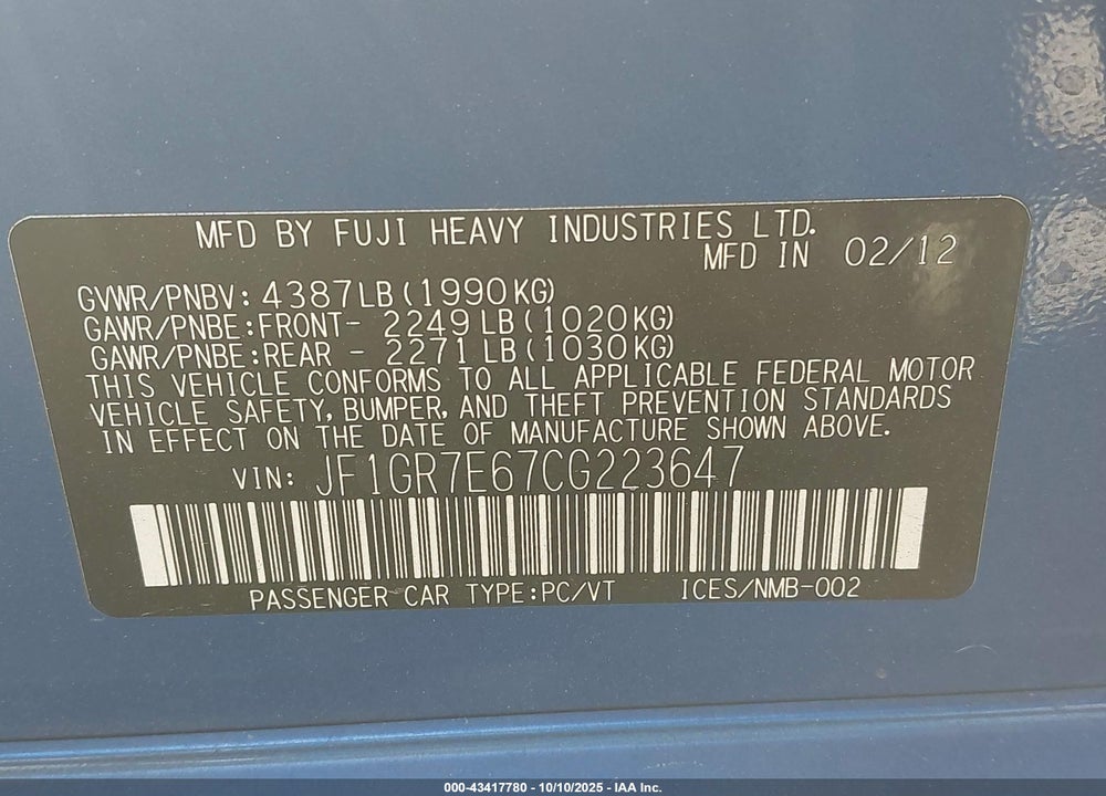 2012 SUBARU IMPREZA WRX VIN: JF1GR7E67CG223647