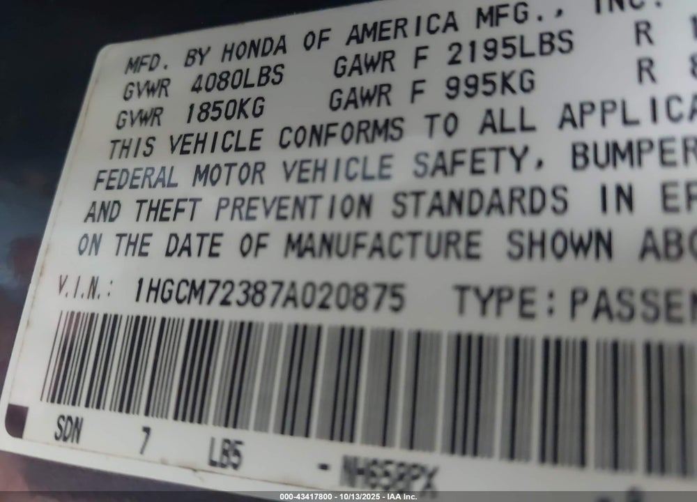 2007 HONDA ACCORD VIN: 1HGCM72387A020875