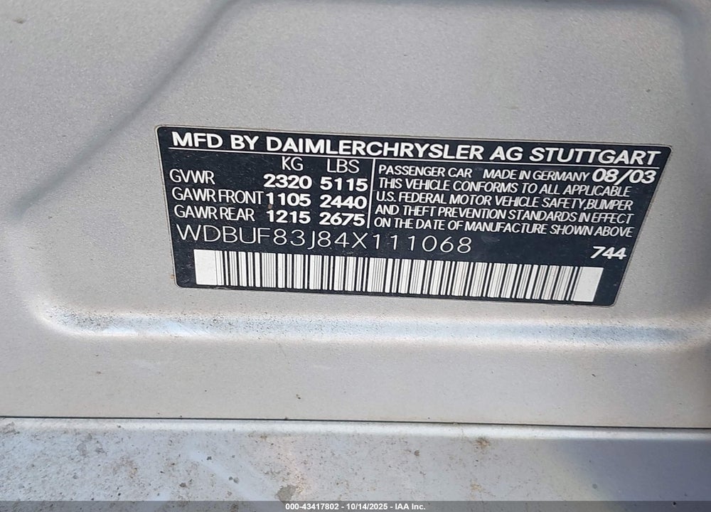 2004 MERCEDES-BENZ E 500 4MATIC VIN: WDBUF83J84X111068