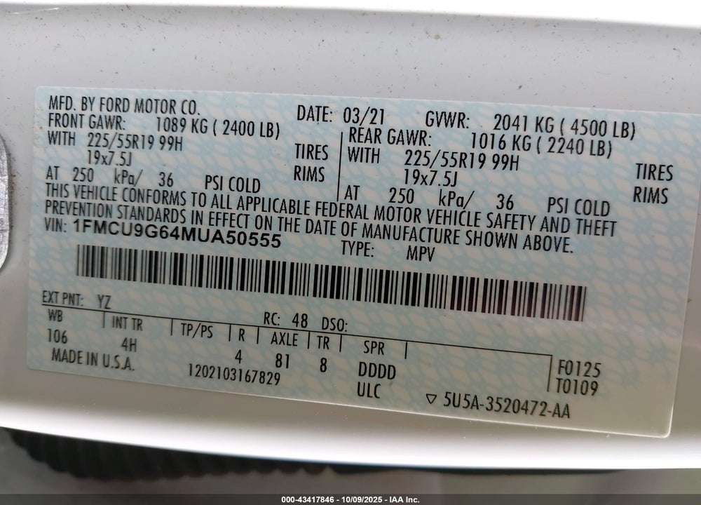 2021 FORD ESCAPE SE VIN: 1FMCU9G64MUA50555