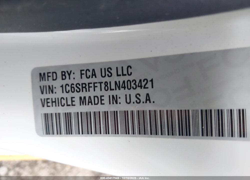 2020 RAM 1500 VIN: 1C6SRFFT8LN403421