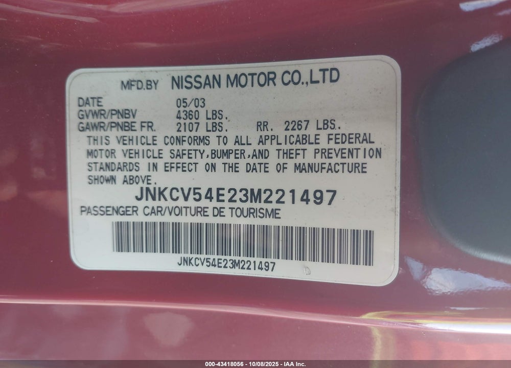 2003 INFINITI G35 BASE W/LEATHER VIN: JNKCV54E23M221497