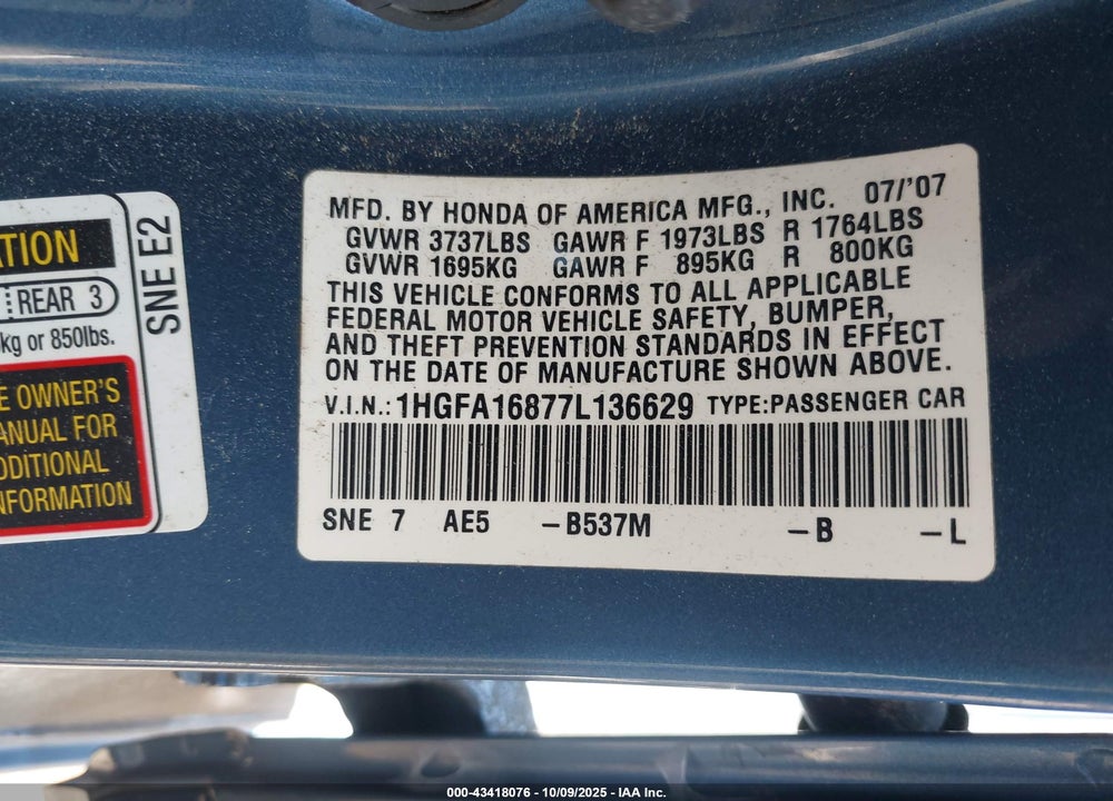 2007 HONDA CIVIC EX VIN: 1HGFA16877L136629