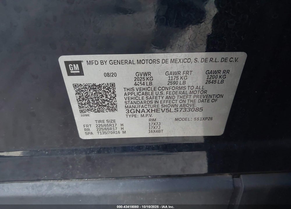 2020 CHEVROLET EQUINOX FWD LS VIN: 3GNAXHEV5LS733085