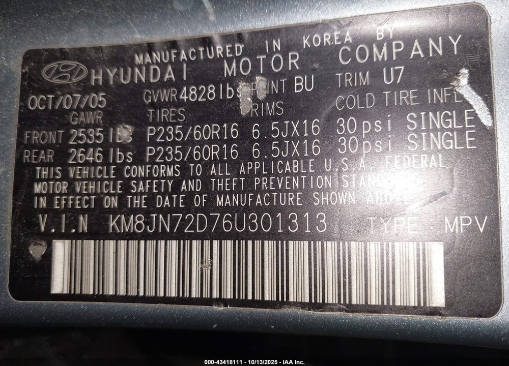 2006 HYUNDAI TUCSON VIN: KM8JN72D76U301313