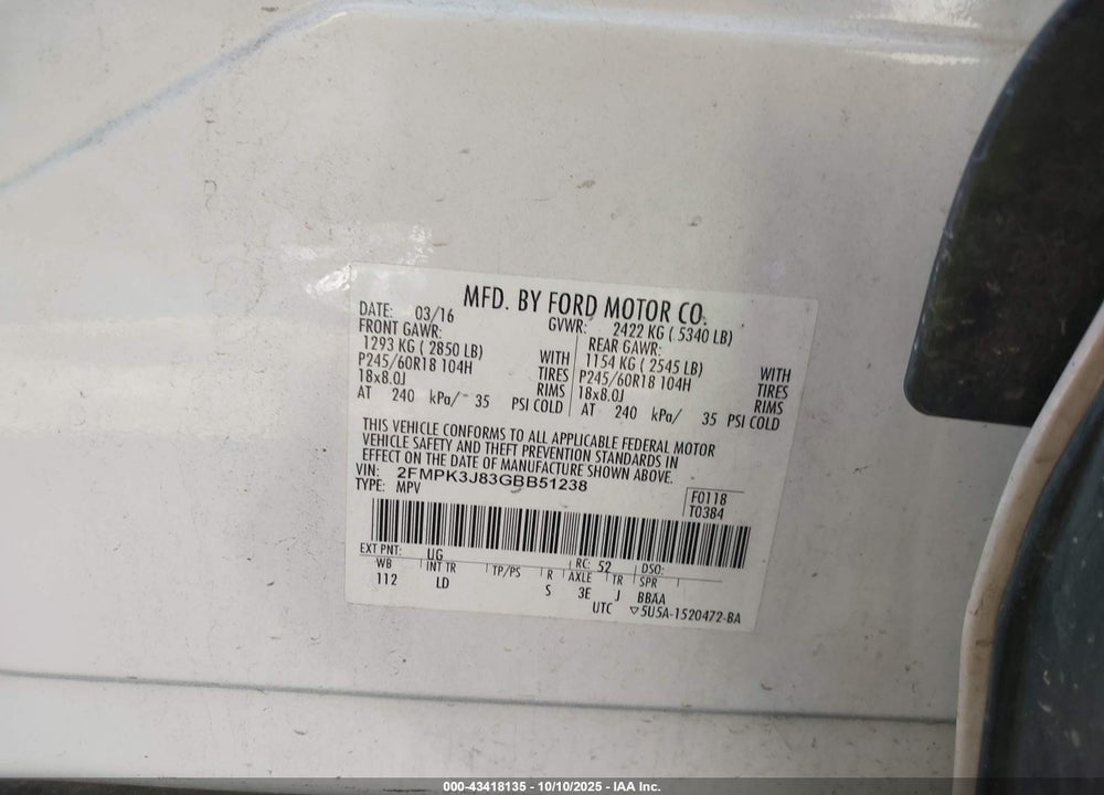 2016 FORD EDGE SEL VIN: 2FMPK3J83GBB51238