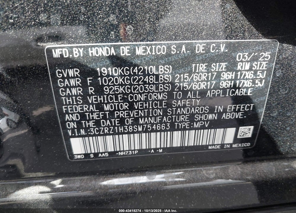 2025 HONDA HR-V 2WD LX VIN: 3CZRZ1H38SM754663