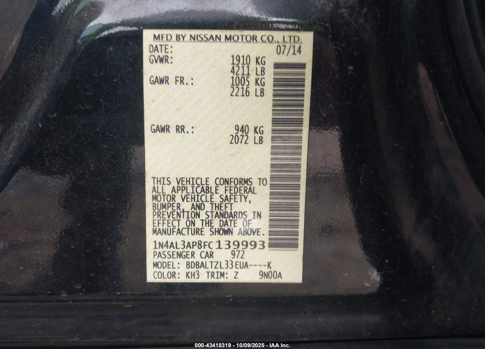 2015 NISSAN ALTIMA 2.5 SL VIN: 1N4AL3AP8FC139993