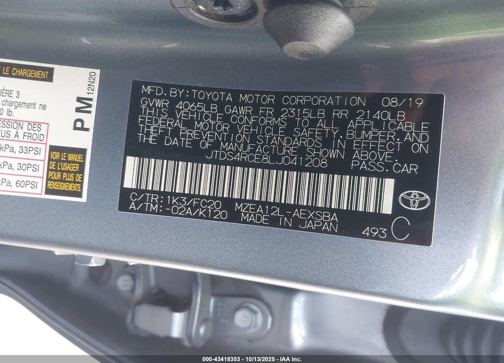 2020 TOYOTA COROLLA VIN: JTDS4RCE8LJ041208
