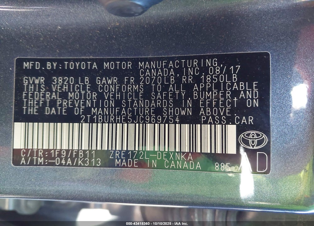 2018 TOYOTA COROLLA VIN: 2T1BURHE5JC969754
