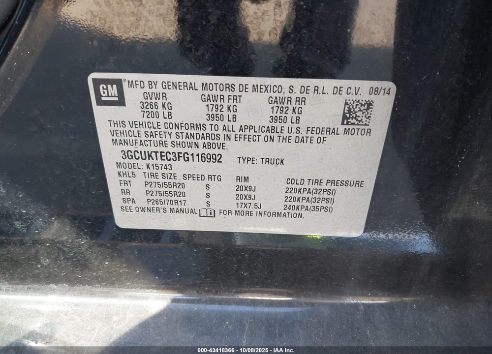 2015 CHEVROLET SILVERADO 1500 HIGH COUNTRY VIN: 3GCUKTEC3FG116992
