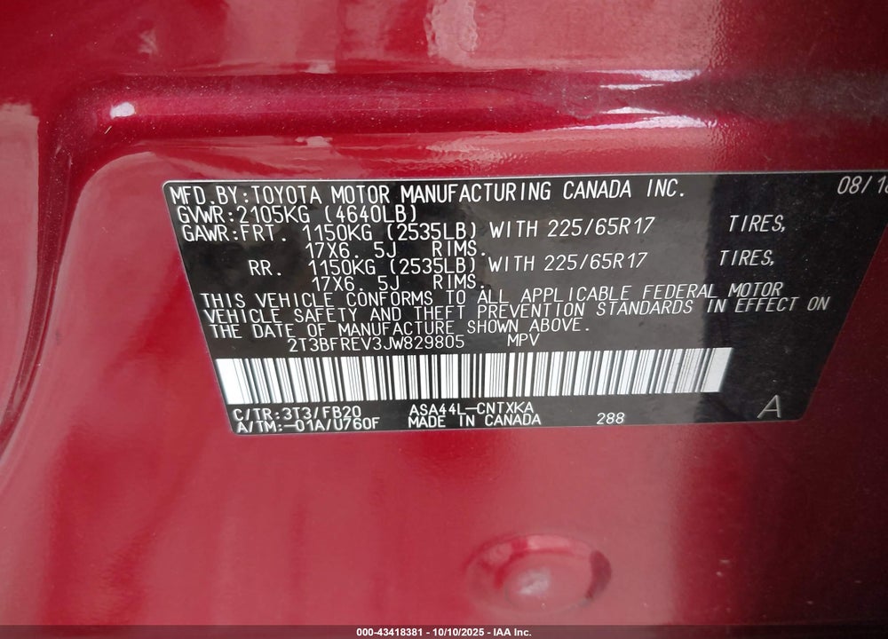 2018 TOYOTA RAV4 VIN: 2T3BFREV3JW829805