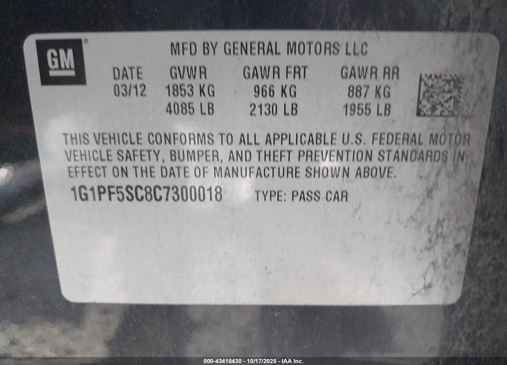 2012 CHEVROLET CRUZE 1LT VIN: 1G1PF5SC8C7300018