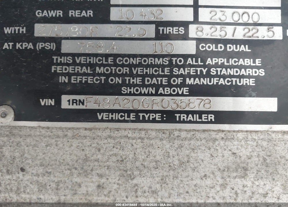 2016 REITNOUER FLATBED VIN: 1RNF48A20GR035878