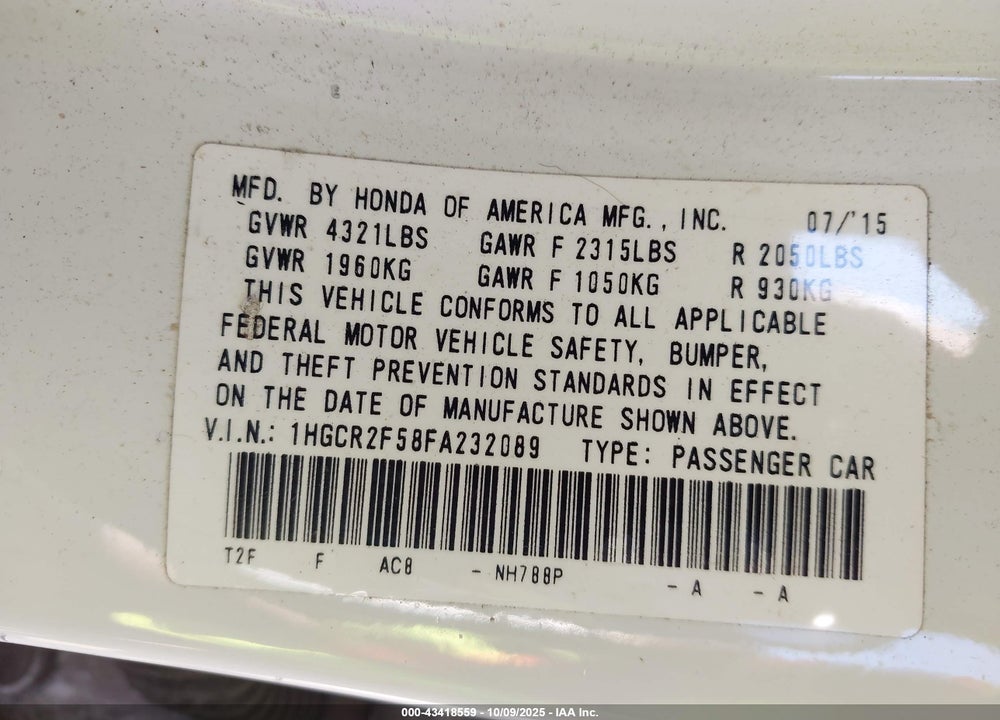 2015 HONDA ACCORD SPORT VIN: 1HGCR2F58FA232089