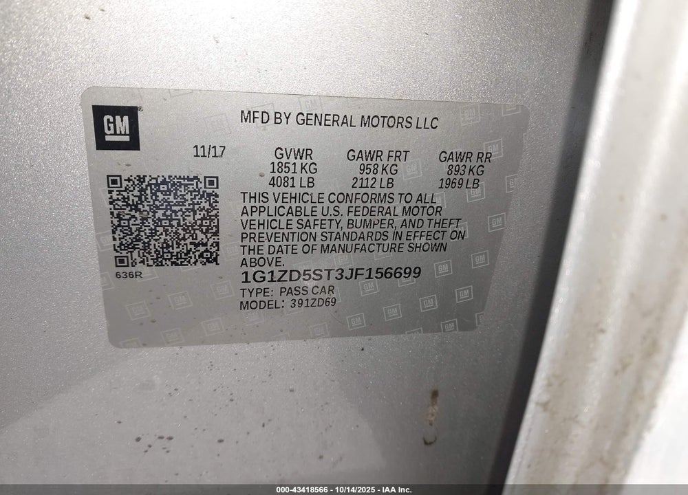 2018 CHEVROLET MALIBU LT VIN: 1G1ZD5ST3JF156699