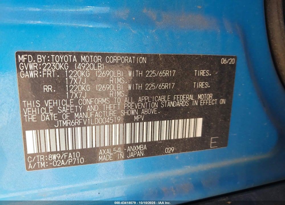 2020 TOYOTA RAV4 HYBRID XLE VIN: JTMR6RFV1LD004519