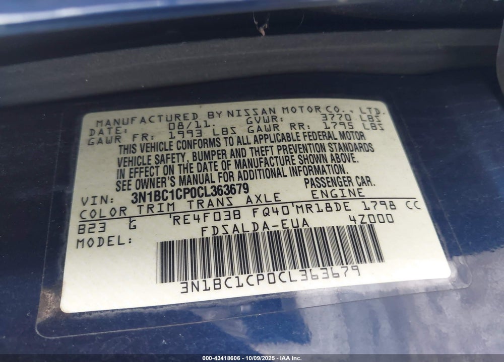 2012 NISSAN VERSA VIN: 3N1BC1CP0CL363679