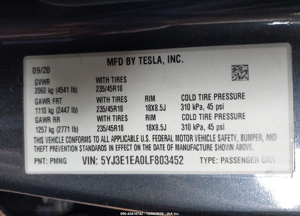 2020 TESLA MODEL 3 STANDARD RANGE PLUS REAR-WHEEL DRIVE/STANDARD RANGE REAR-WHEEL DRIVE VIN: 5YJ3E1EA0LF803452