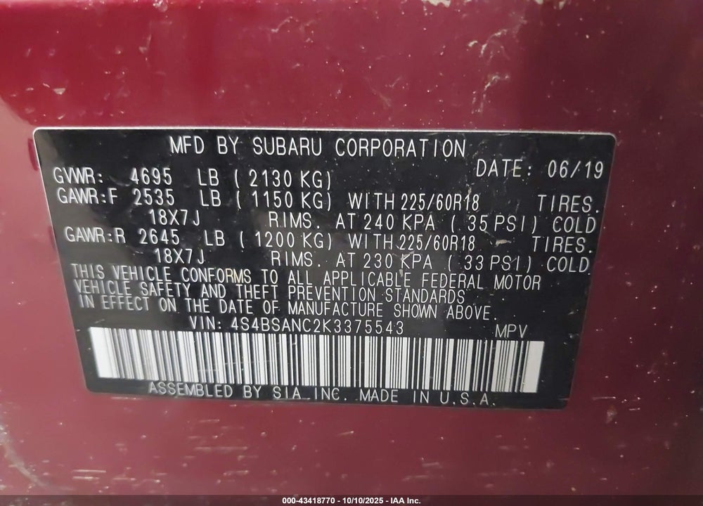 2019 SUBARU OUTBACK 2.5I LIMITED VIN: 4S4BSANC2K3375543