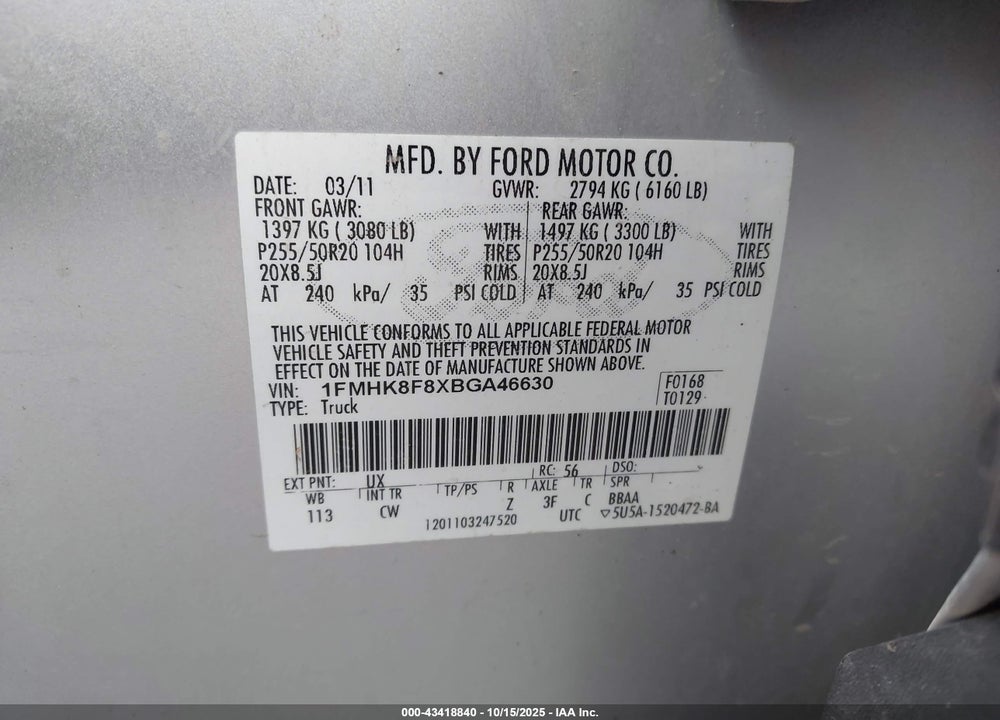 2011 FORD EXPLORER LIMITED VIN: 1FMHK8F8XBGA46630
