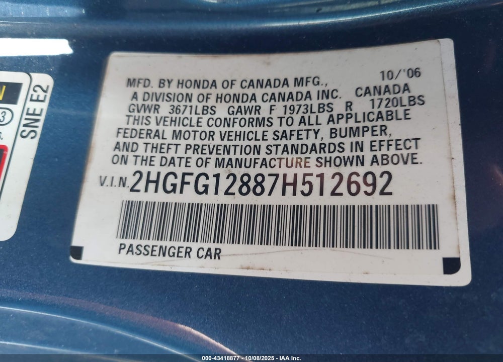 2007 HONDA CIVIC VIN: 2HGFG12887H512692