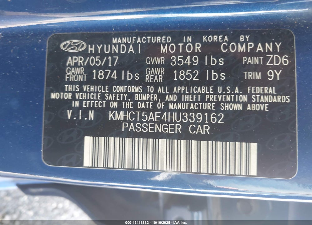 2017 HYUNDAI ACCENT VIN: KMHCT5AE4HU339162