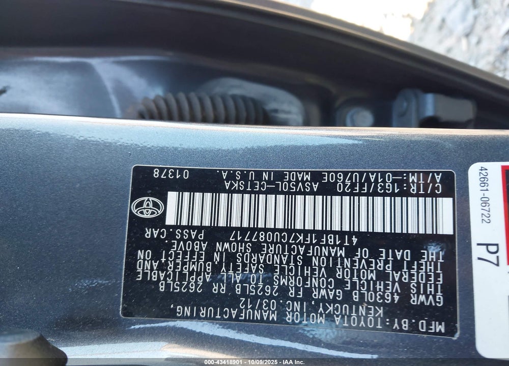 2012 TOYOTA CAMRY VIN: 4T1BF1FK7CU087717