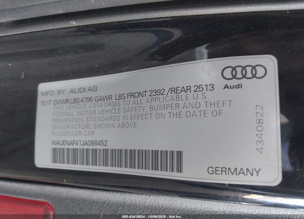 2018 AUDI A4 2.0T PREMIUM/2.0T TECH PREMIUM VIN: WAUENAF41JA086452