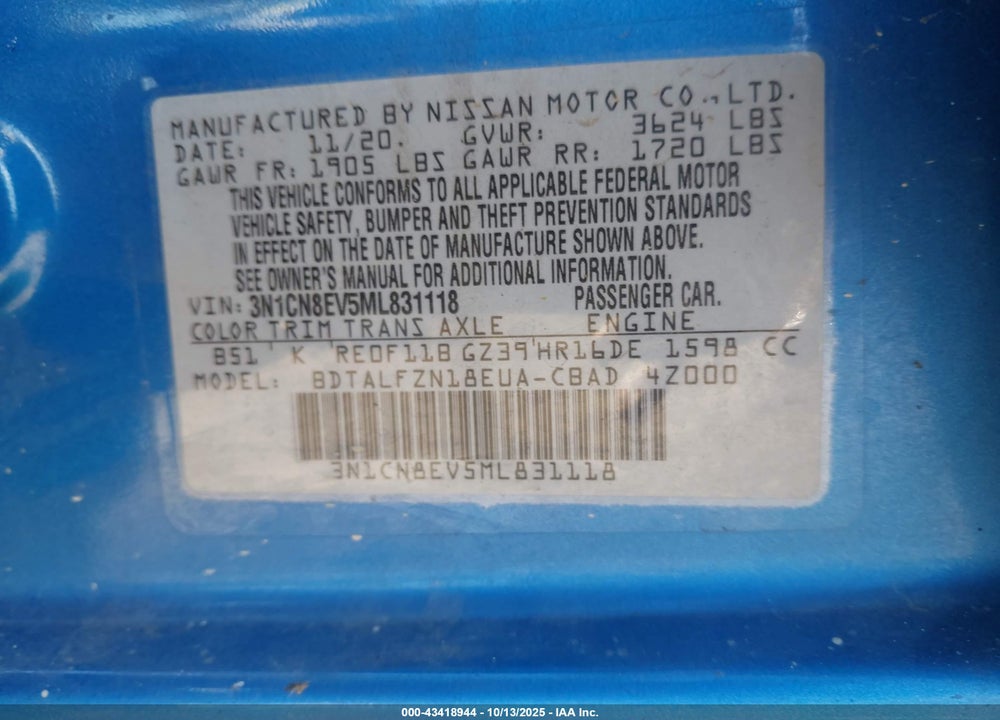2021 NISSAN VERSA VIN: 3N1CN8EV5ML831118