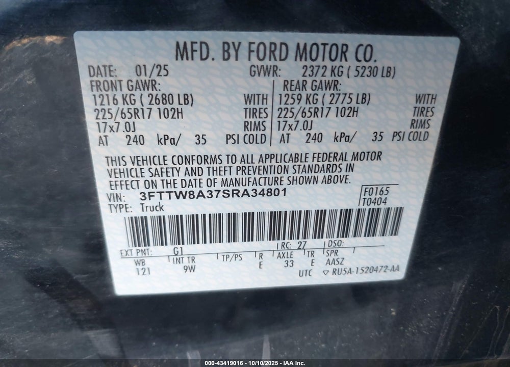 2025 FORD MAVERICK XL VIN: 3FTTW8A37SRA34801