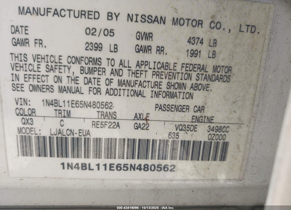 2005 NISSAN ALTIMA VIN: 1N4BL11E65N480562