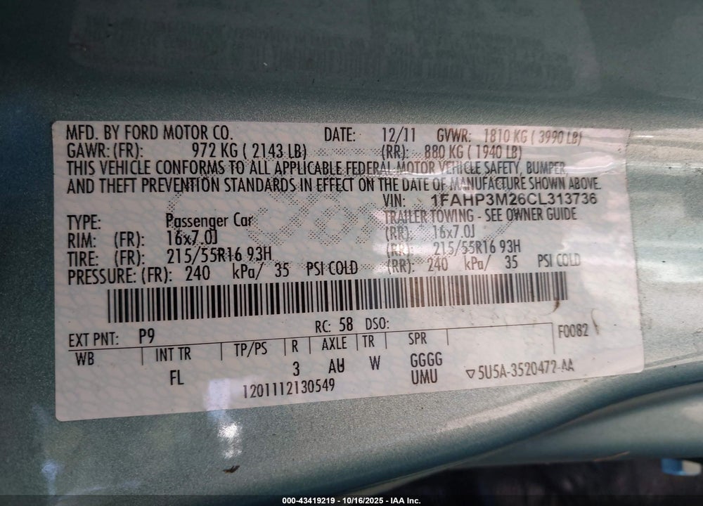 2012 FORD FOCUS SEL VIN: 1FAHP3M26CL313736
