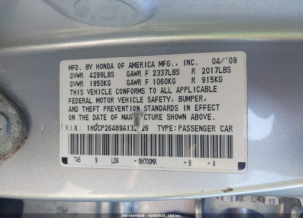2009 HONDA ACCORD VIN: 1HGCP26489A132026