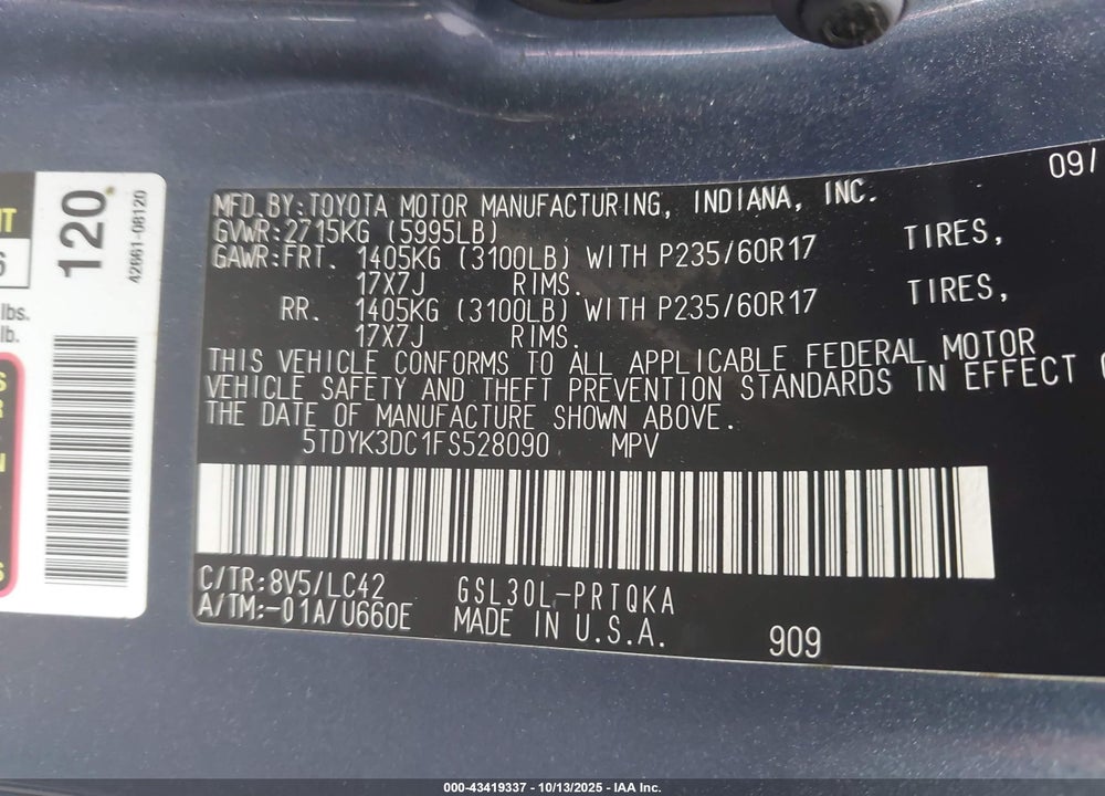 2015 TOYOTA SIENNA XLE 8 PASSENGER VIN: 5TDYK3DC1FS528090