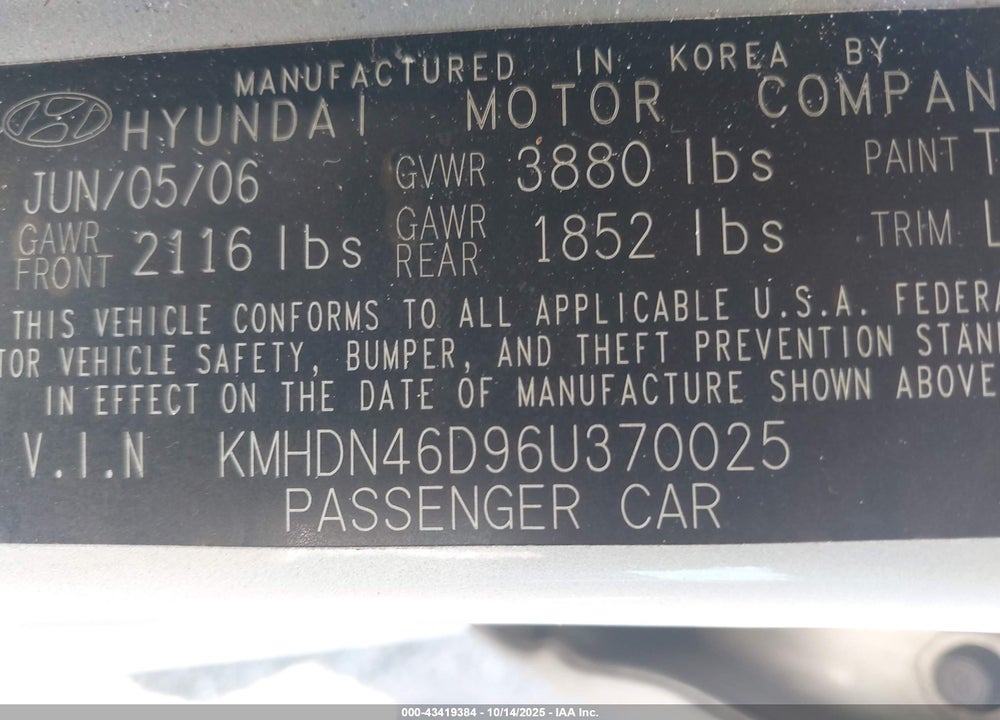 2006 HYUNDAI ELANTRA GLS/LIMITED VIN: KMHDN46D96U370025