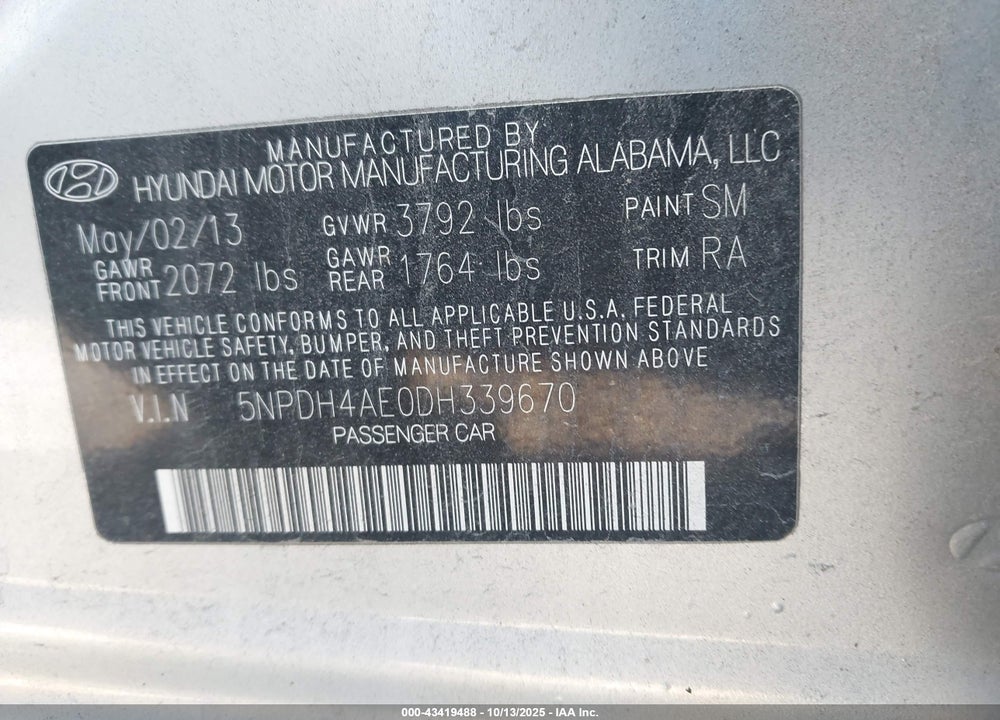 2013 HYUNDAI ELANTRA GLS VIN: 5NPDH4AE0DH339670