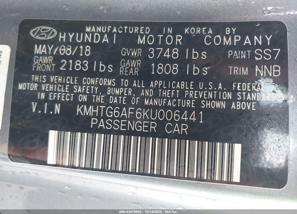 2019 HYUNDAI VELOSTER VIN: KMHTG6AF6KU006441