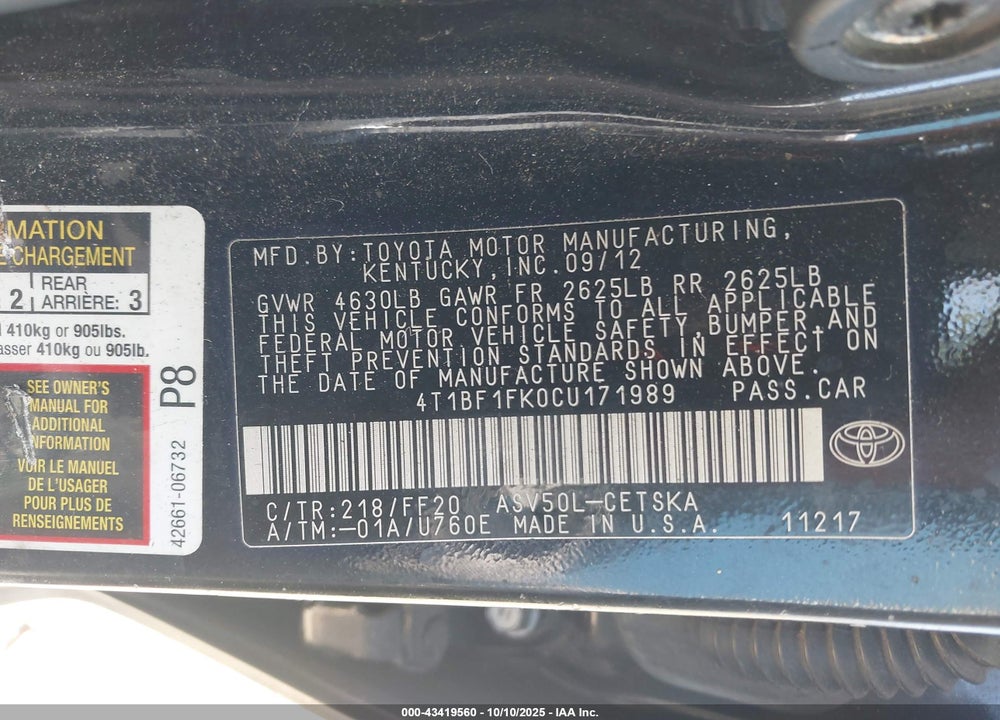 2012 TOYOTA CAMRY SE LIMITED EDITION VIN: 4T1BF1FK0CU171989