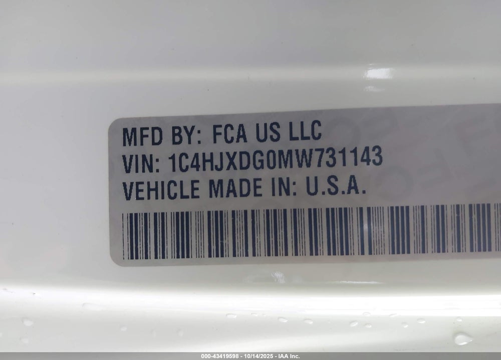 2021 JEEP WRANGLER UNLIMITED VIN: 1C4HJXDG0MW731143
