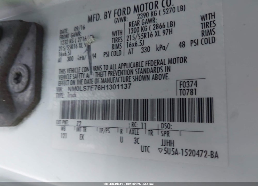 2017 FORD TRANSIT CONNECT XL VIN: NM0LS7E76H1301137