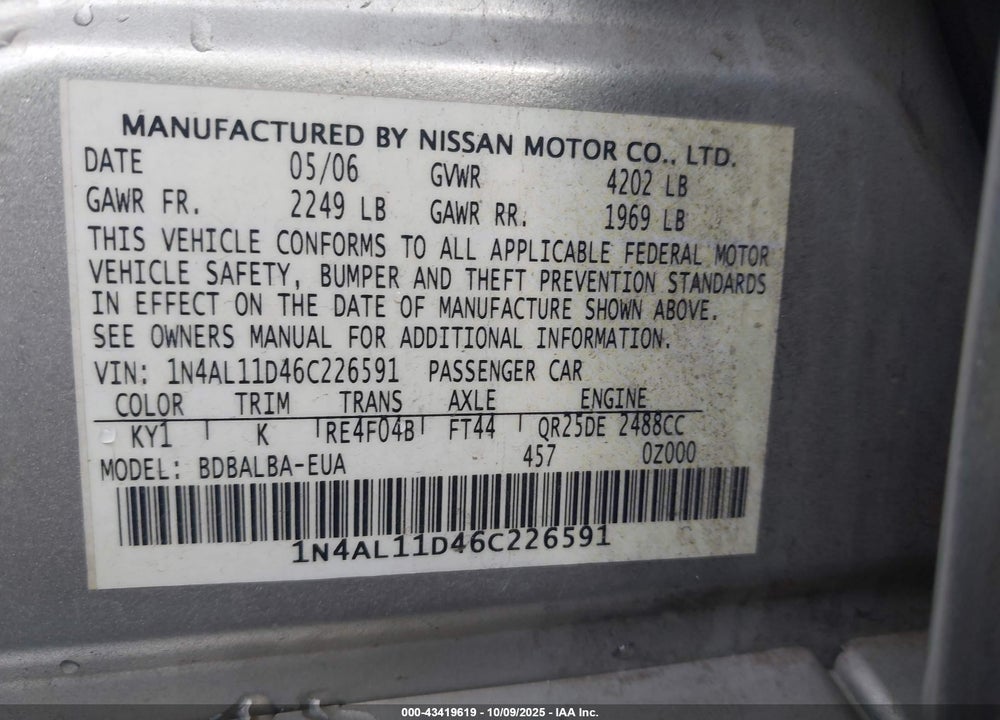 2006 NISSAN ALTIMA VIN: 1N4AL11D46C226591