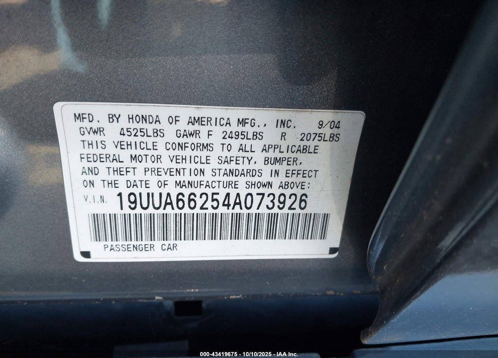 2004 ACURA TL VIN: 19UUA66254A073926