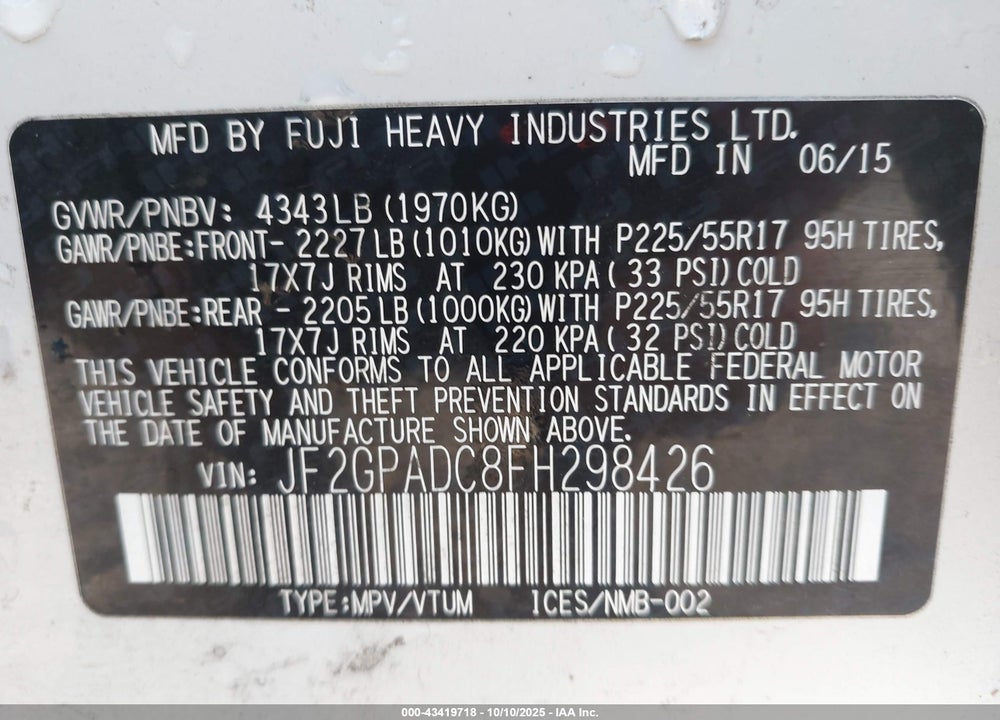 2015 SUBARU XV CROSSTREK VIN: JF2GPADC8FH298426