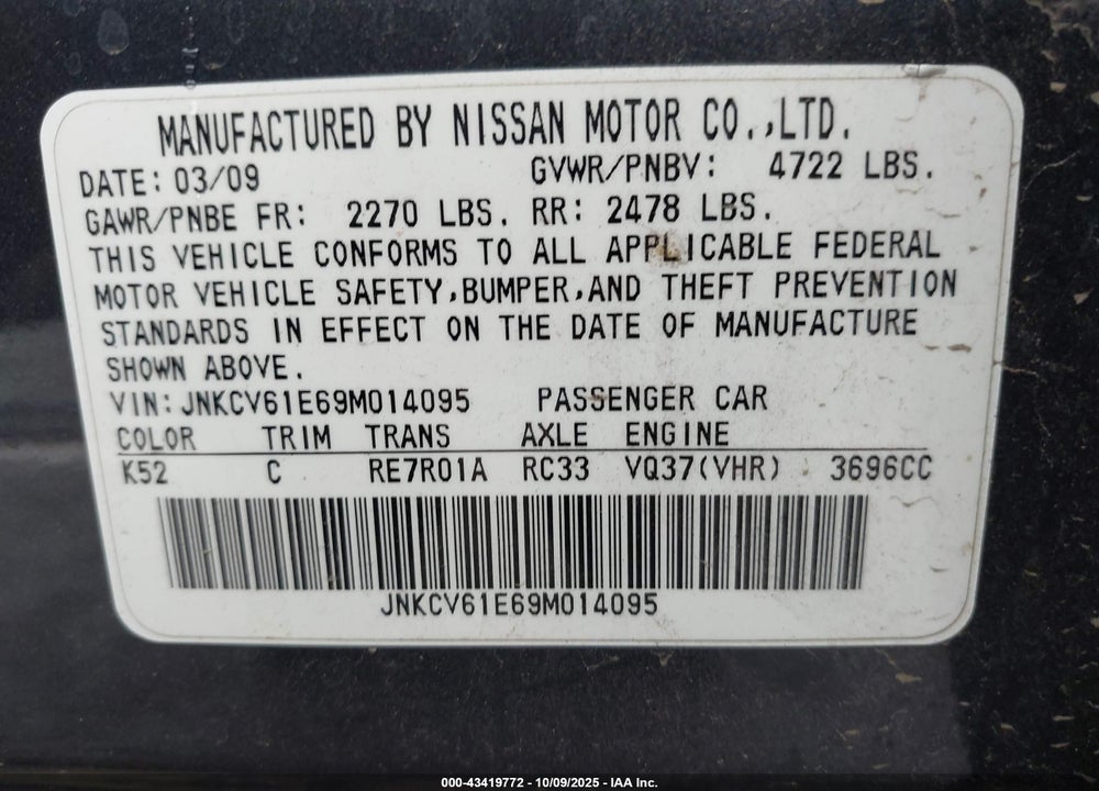 2009 INFINITI G37 VIN: JNKCV61E69M014095